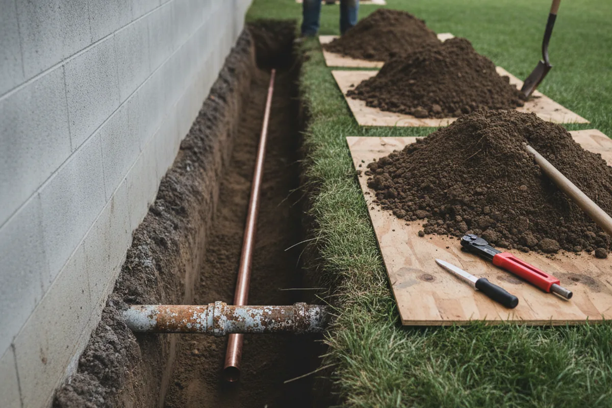 Excavated water line trench during Water Softener Installation in Empire